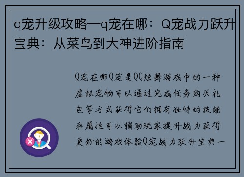 q宠升级攻略—q宠在哪：Q宠战力跃升宝典：从菜鸟到大神进阶指南