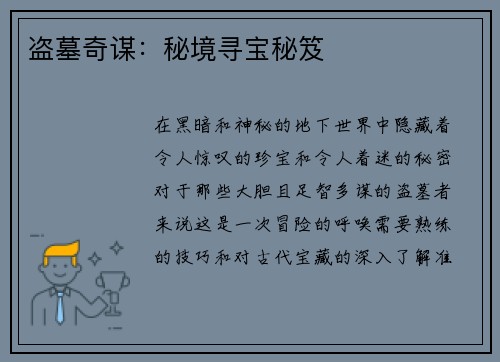 盗墓奇谋：秘境寻宝秘笈