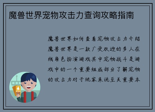 魔兽世界宠物攻击力查询攻略指南