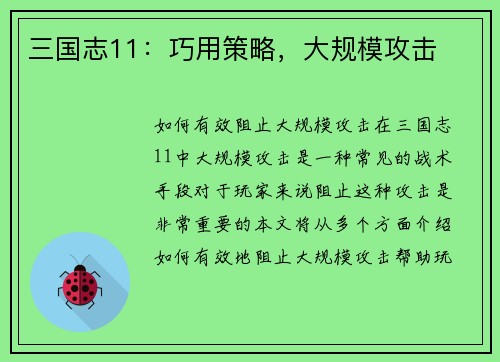 三国志11：巧用策略，大规模攻击